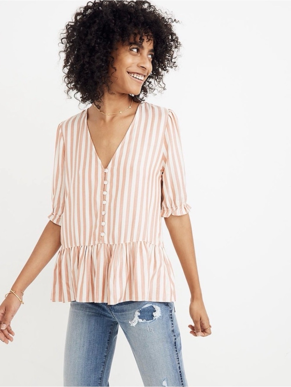 Madewell Blush Pink and White Striped Button-Front Peplum Top